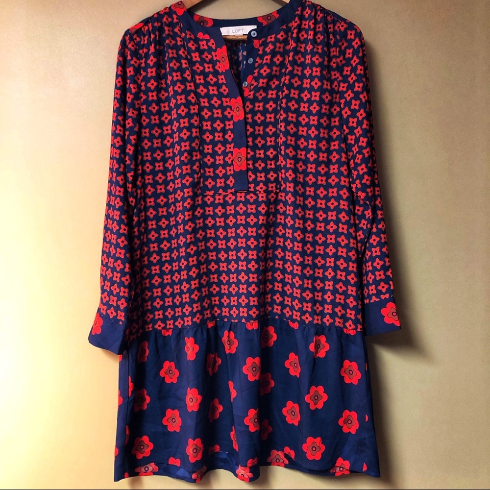 LOFT Floral Drop Waist Long Sleeve Dress Petite